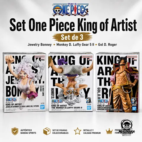 Set 3 Figuras Gol D. Roger, Monkey D. Luffy Gear 5 II y Jewelry Bonney King of Artist